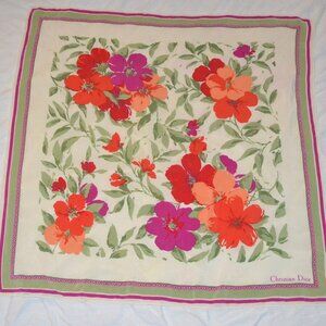 Vintage Christian Dior Pink Orange Green Floral 100% Silk Square Scarf 25"